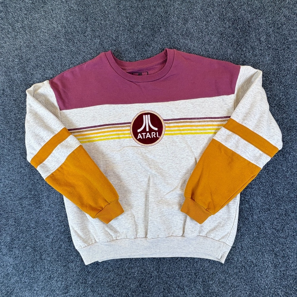 Atari Sweatshirt Women Medium Heather Gray Burgundy Striped Logo Cotton Pullover